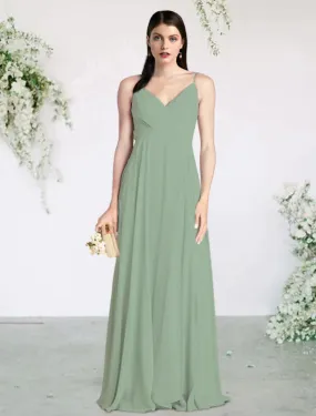 A-Line Bridesmaid Dress V Neck / Spaghetti Strap Sleeveless Sexy Floor Length Chiffon with Pleats