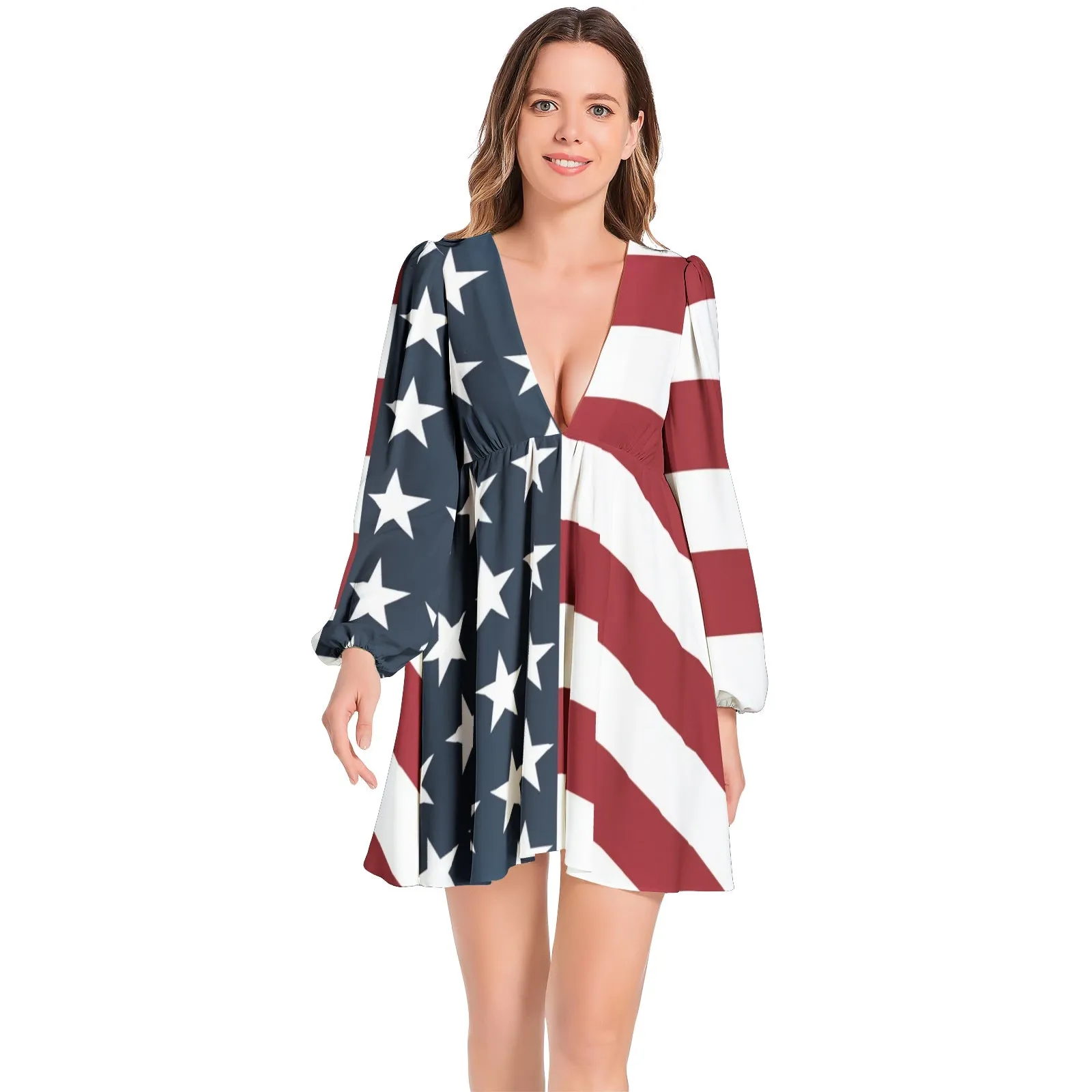 Americana Lantern Sleeve Deep V-Neck Short Dress