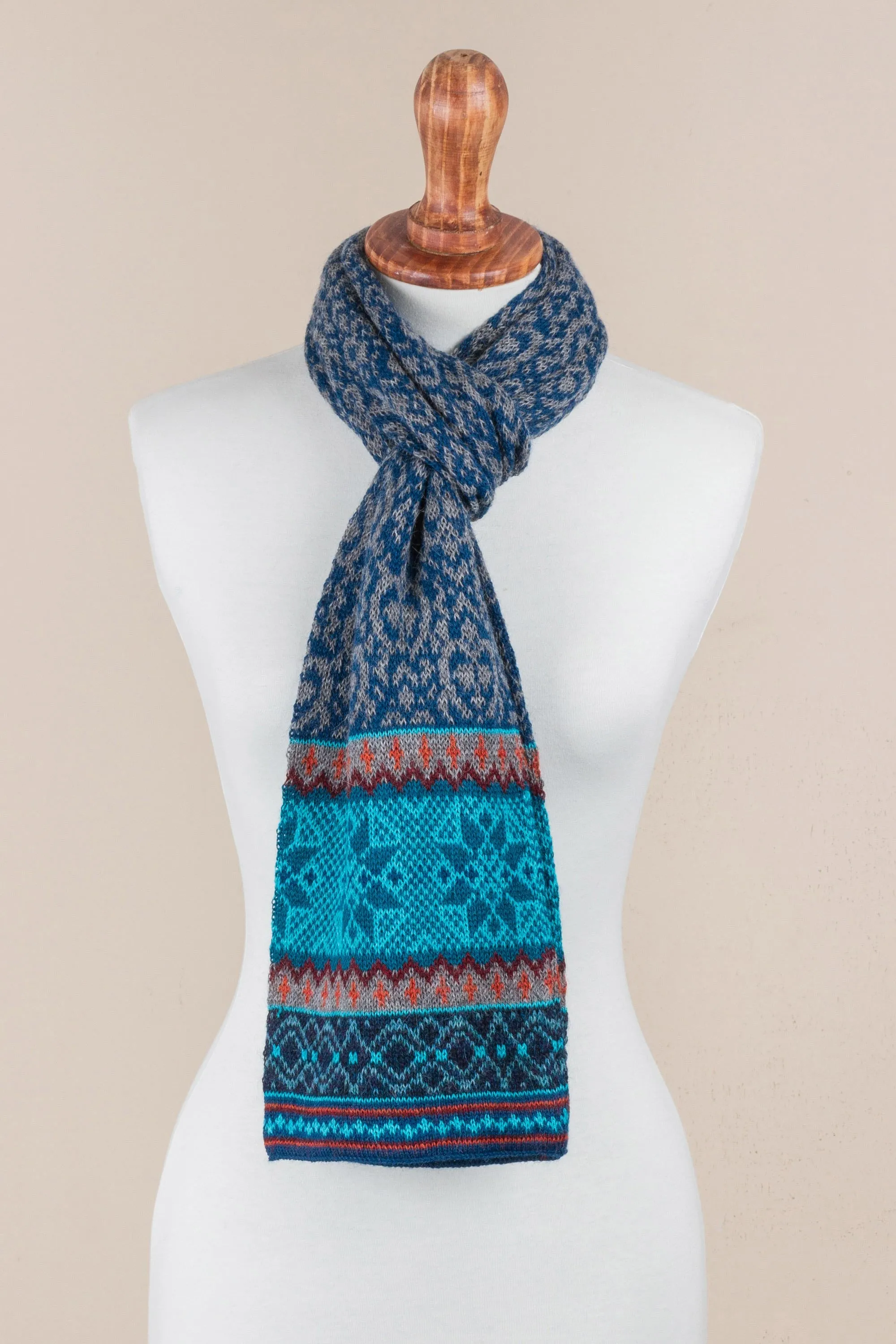 Andean Snowfall 100% Alpaca Wrap Scarf in Azure and Smoke from Peru