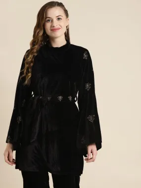 Black Velvet Zari Embroidered Belt Short Kurta