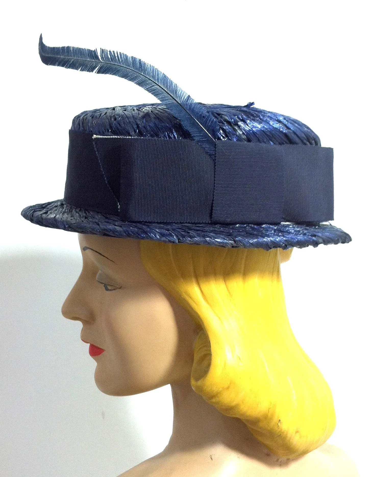 Blue Sisal Straight Brim Hat w/ Narrow Plume circa 1960s