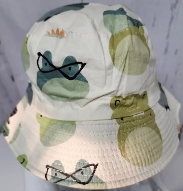 Bucket/Sun Hat With Chin Strap Wide Brim Children's 2-7yr White/Green Frog scbhwgf