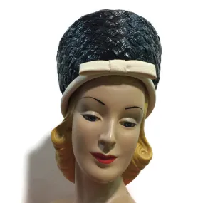 Chic Glossy Black Braided Cello Tall Front Hat w/ White Trim circa 1960s