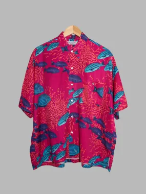 Grass Men's Jun Saito 1980s pink blue rayon fish print short sleeve shirt M