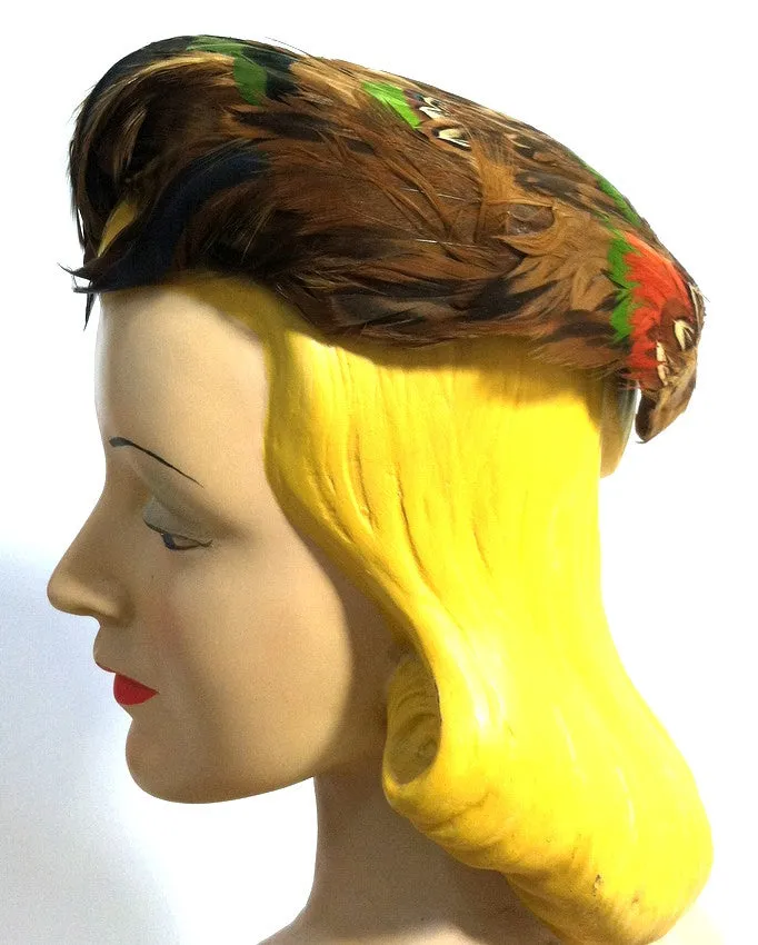 Jewel Tone Pheasant Feather Wired Hat circa 1950s