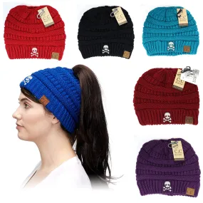 Skull & Crossbones Ponytail Messy Bun Beanie