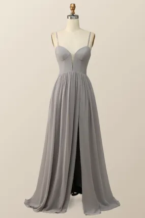 Straps Grey Chiffon A-line Long Bridesmaid Dress