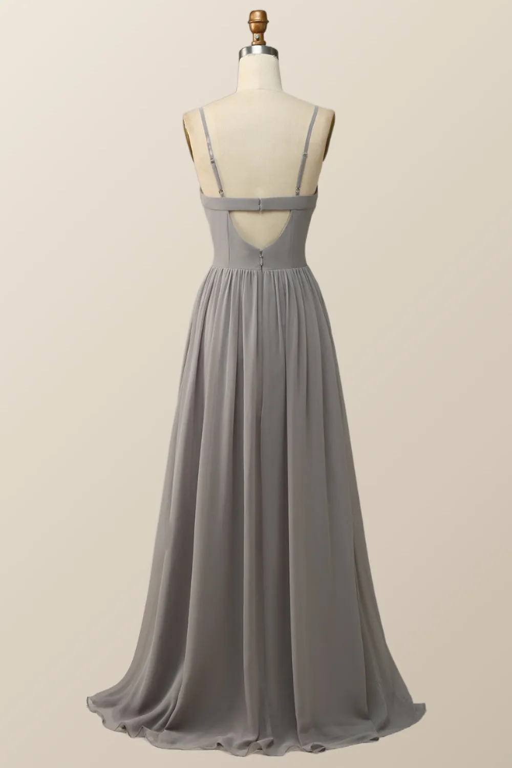 Straps Grey Chiffon A-line Long Bridesmaid Dress