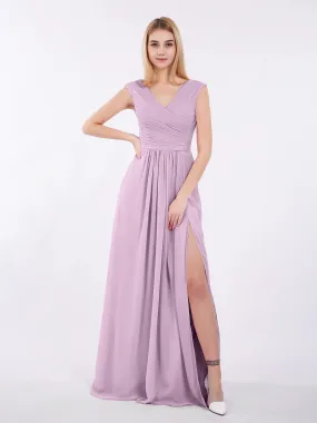 V Neck Chiffon Gown With Cap Sleeves Wisteria