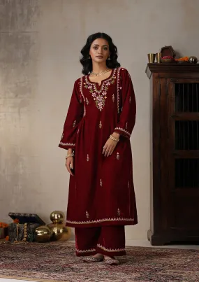 Velvet Chikankari Solid Women's 2 PC Long Kurta Set - Maroon