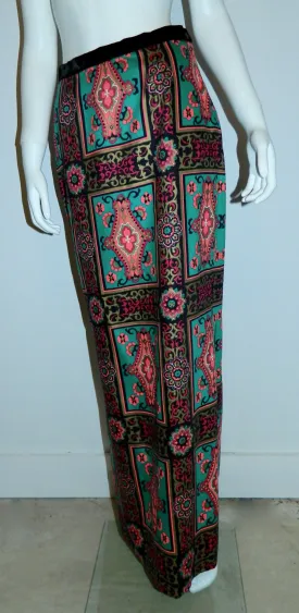 vintage Alex Coleman skirt / teal pink baroque frame print / wool side slit column skirt 1970s